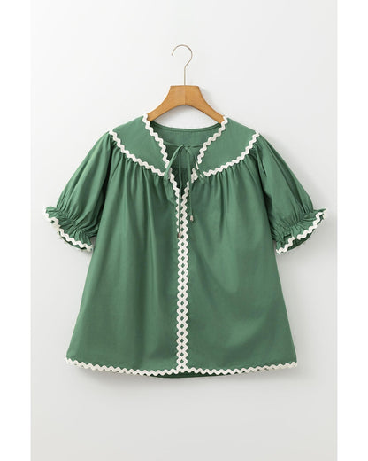Mist Green Ric Rac Trim Tie Split Neck Short Sleeve Blouse - S
