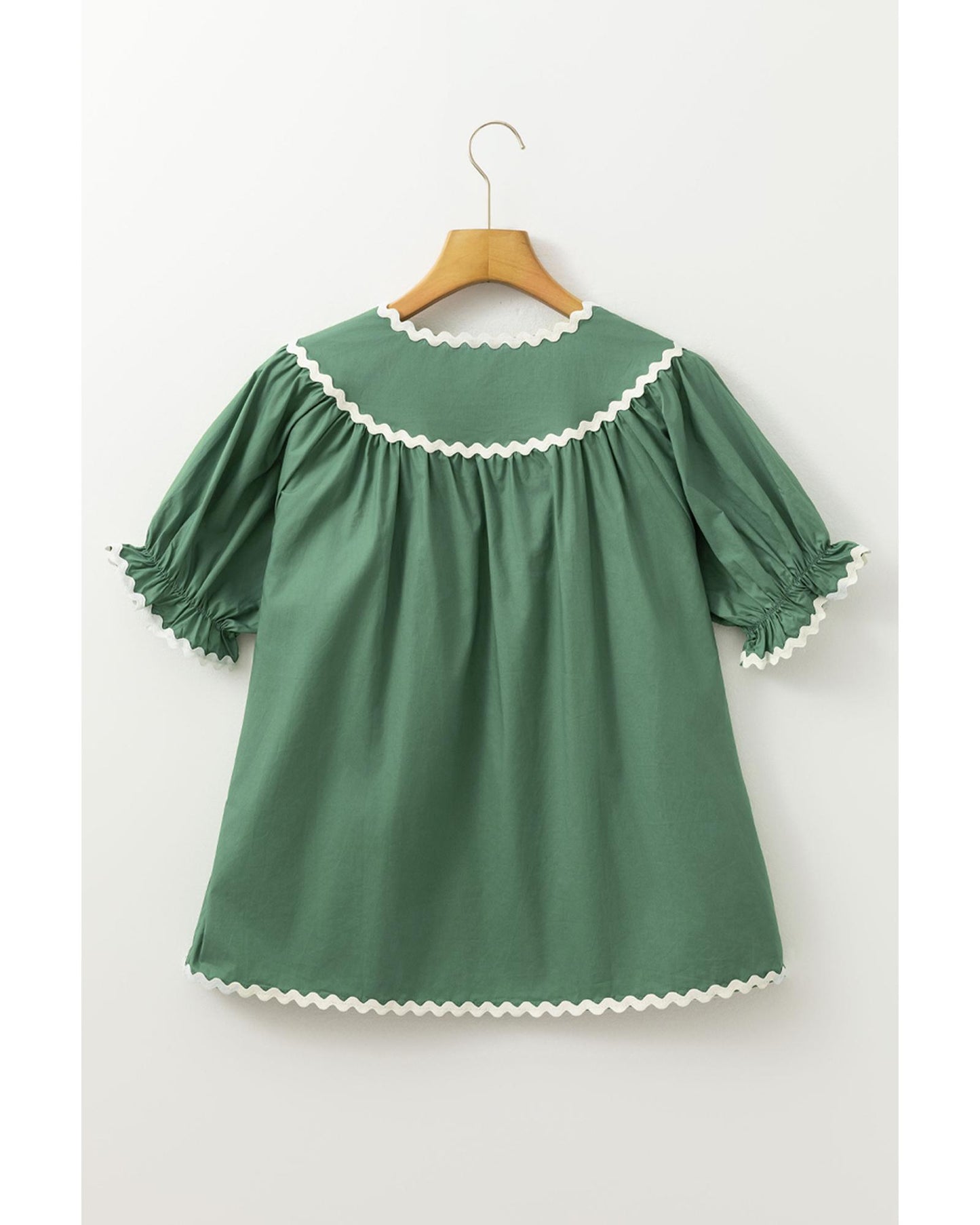 Mist Green Ric Rac Trim Tie Split Neck Short Sleeve Blouse - S