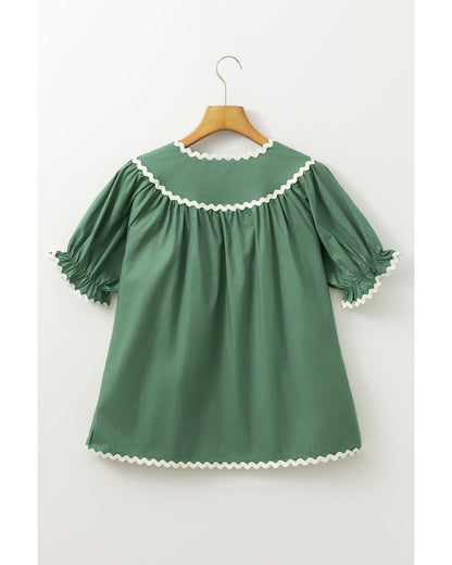 Mist Green Ric Rac Trim Tie Split Neck Short Sleeve Blouse - S