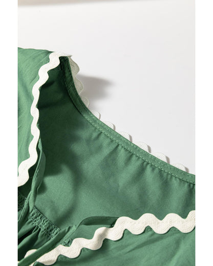 Mist Green Ric Rac Trim Tie Split Neck Short Sleeve Blouse - S