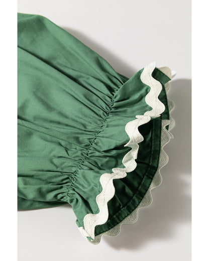 Mist Green Ric Rac Trim Tie Split Neck Short Sleeve Blouse - S