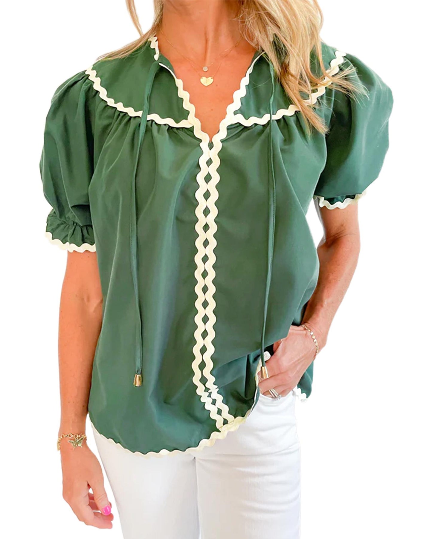 Mist Green Ric Rac Trim Tie Split Neck Short Sleeve Blouse - S