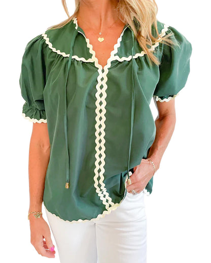Mist Green Ric Rac Trim Tie Split Neck Short Sleeve Blouse - S
