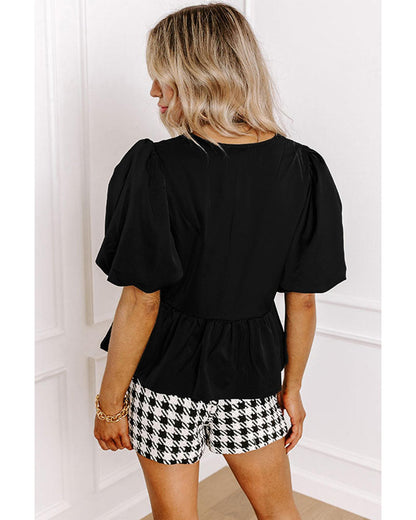 Black Puff Sleeve Bowknot Front Peplum Blouse - S