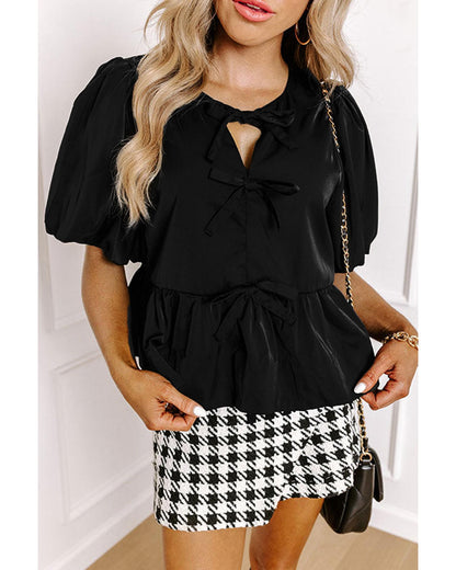 Black Puff Sleeve Bowknot Front Peplum Blouse - S