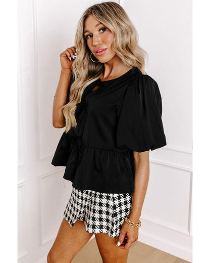 Black Puff Sleeve Bowknot Front Peplum Blouse - S