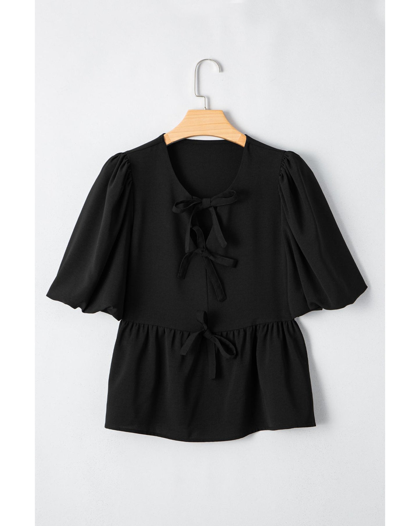 Black Puff Sleeve Bowknot Front Peplum Blouse - S