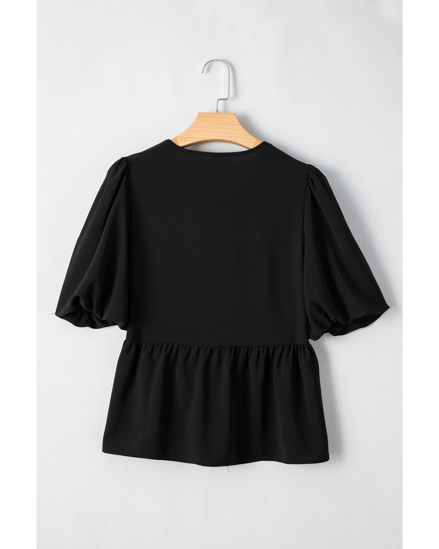 Black Puff Sleeve Bowknot Front Peplum Blouse - S