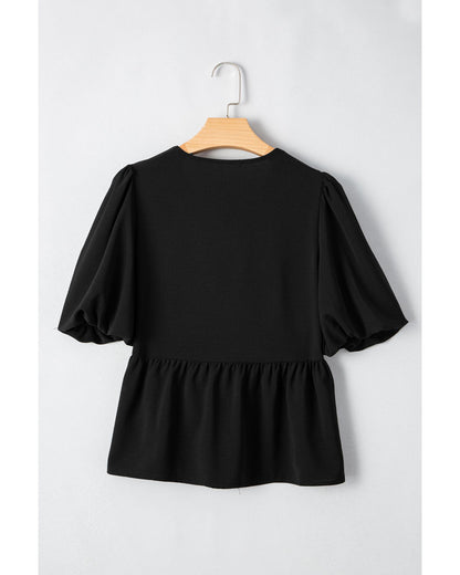 Black Puff Sleeve Bowknot Front Peplum Blouse - S