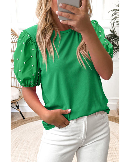 Bright Green Ribbed Pearl Beaded Puff Sleeve Top - M