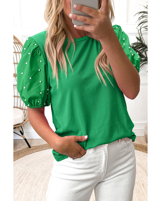 Bright Green Ribbed Pearl Beaded Puff Sleeve Top - M