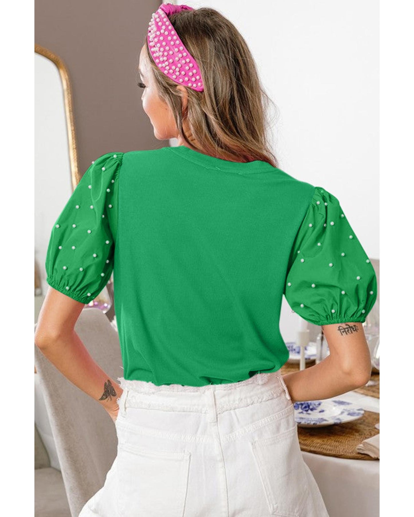 Bright Green Ribbed Pearl Beaded Puff Sleeve Top - M