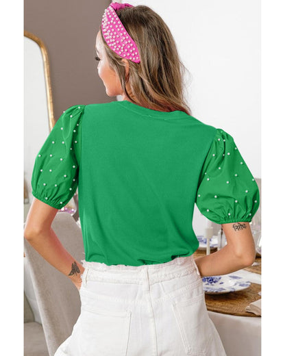 Bright Green Ribbed Pearl Beaded Puff Sleeve Top - M