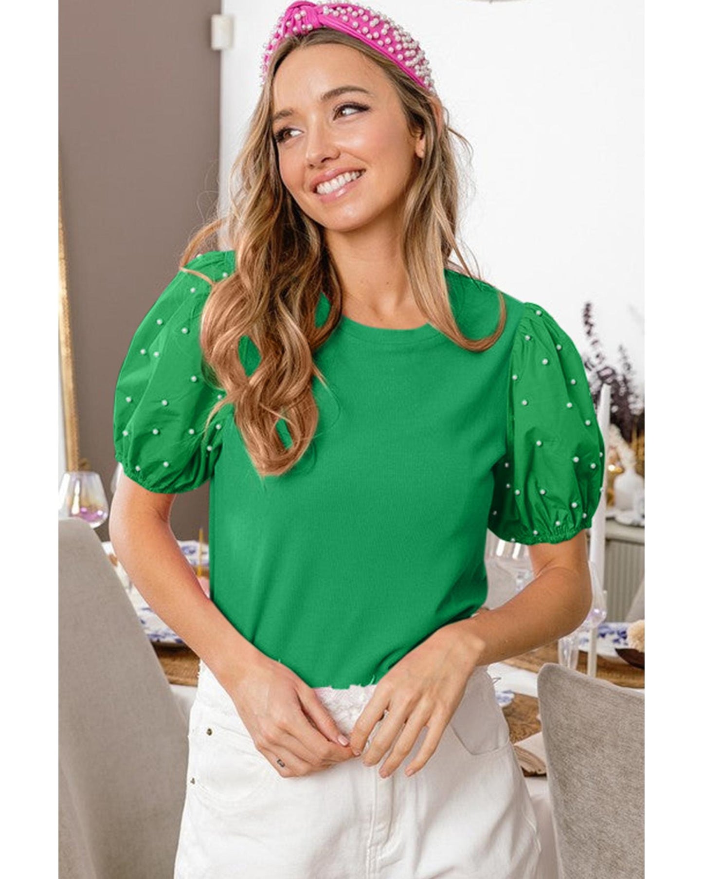 Bright Green Ribbed Pearl Beaded Puff Sleeve Top - M