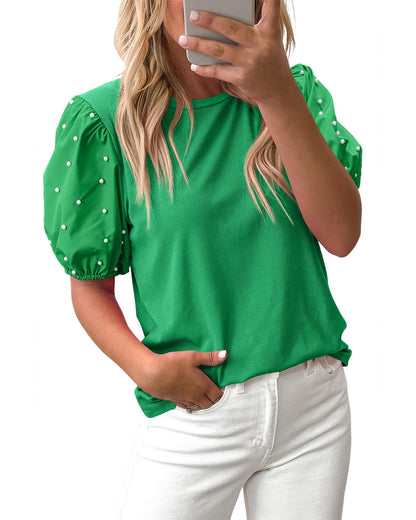 Bright Green Ribbed Pearl Beaded Puff Sleeve Top - M