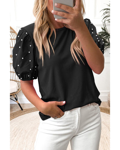 Black Ribbed Pearl Beaded Puff Sleeve Top - S