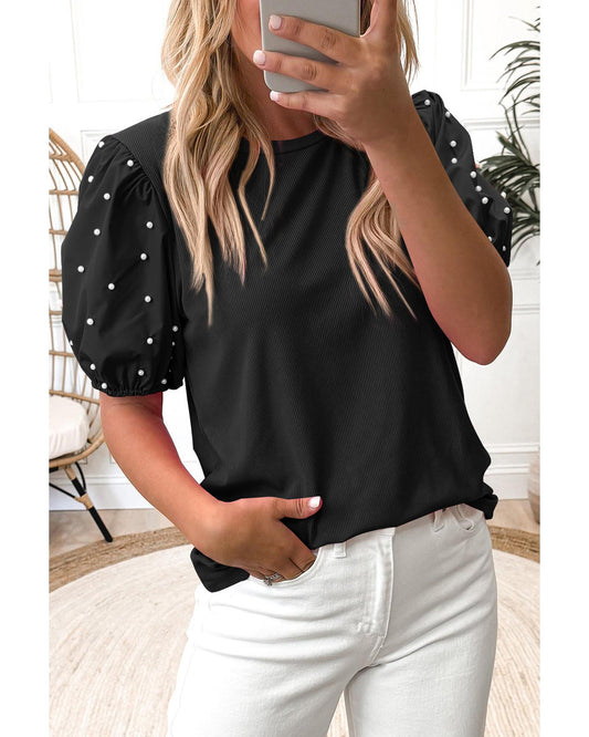 Black Ribbed Pearl Beaded Puff Sleeve Top - S