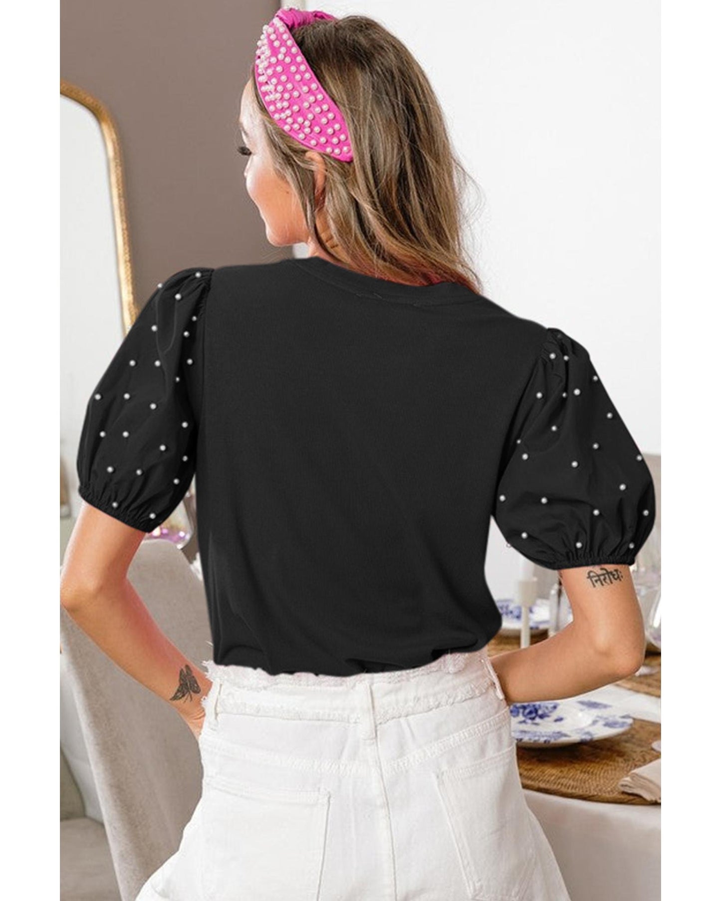 Black Ribbed Pearl Beaded Puff Sleeve Top - S