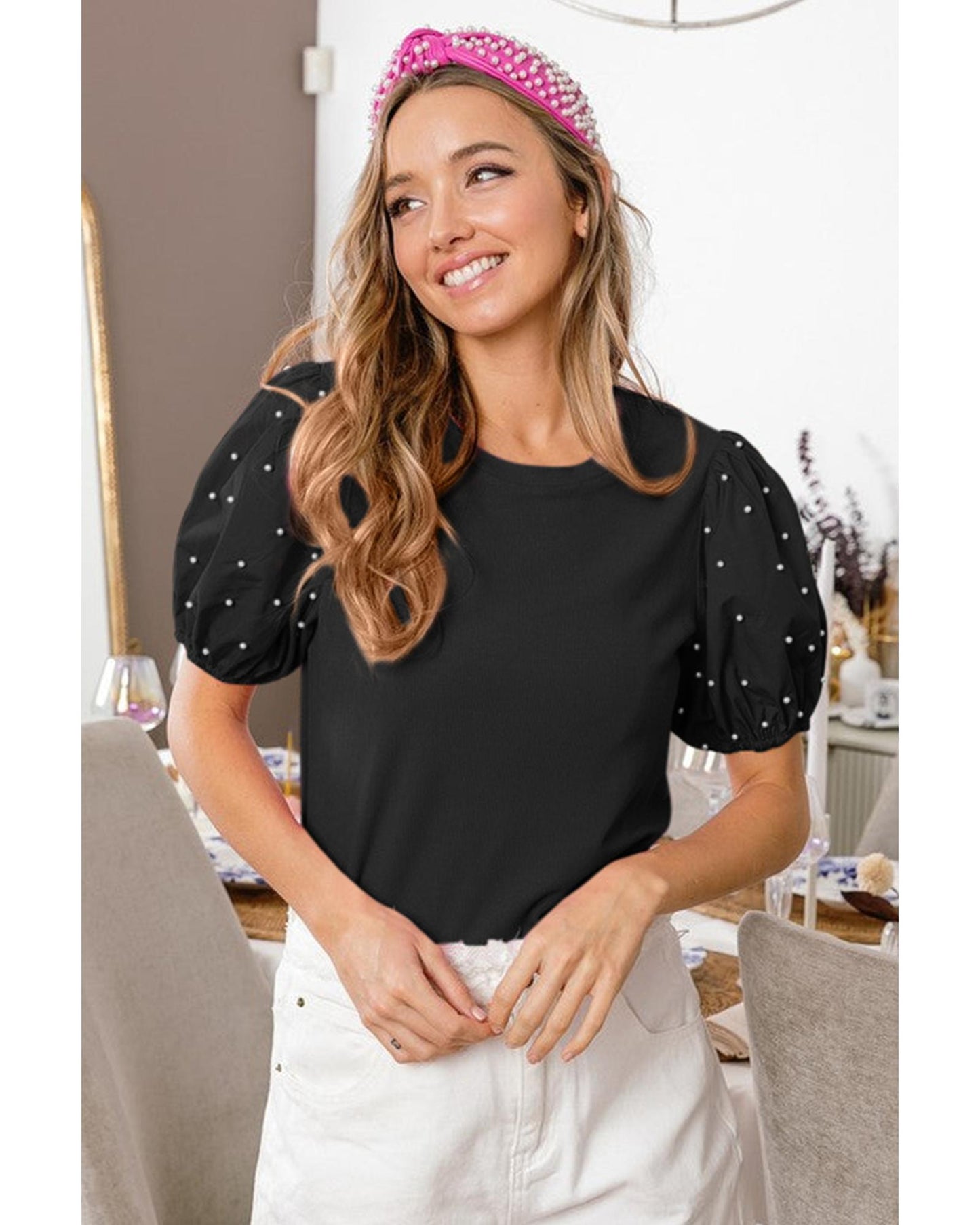 Black Ribbed Pearl Beaded Puff Sleeve Top - S