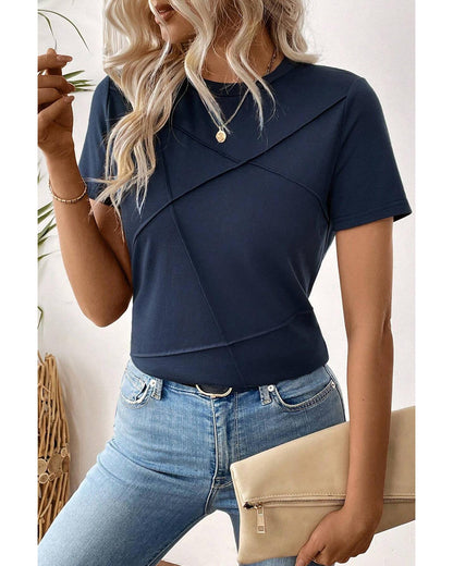 Dirty blue Solid Color Toothpick Stripe Round Neck T Shirt - S