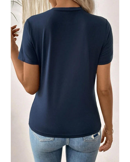 Dirty blue Solid Color Toothpick Stripe Round Neck T Shirt - S