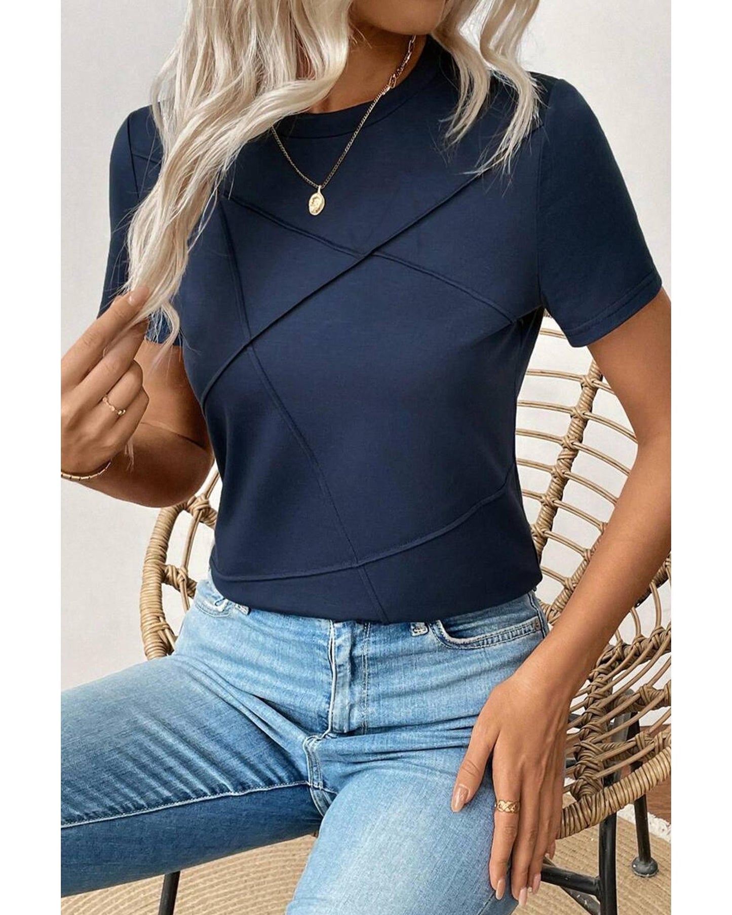 Dirty blue Solid Color Toothpick Stripe Round Neck T Shirt - S