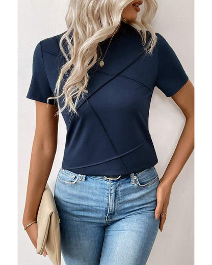 Dirty blue Solid Color Toothpick Stripe Round Neck T Shirt - S