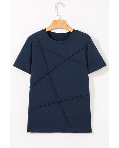 Dirty blue Solid Color Toothpick Stripe Round Neck T Shirt - S