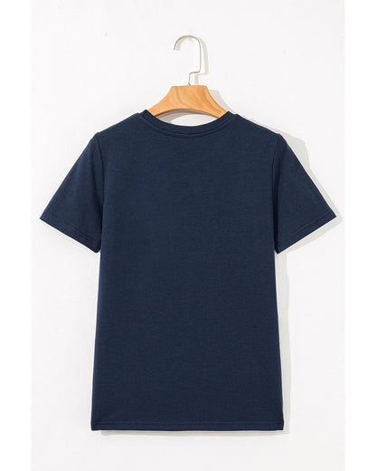 Dirty blue Solid Color Toothpick Stripe Round Neck T Shirt - S
