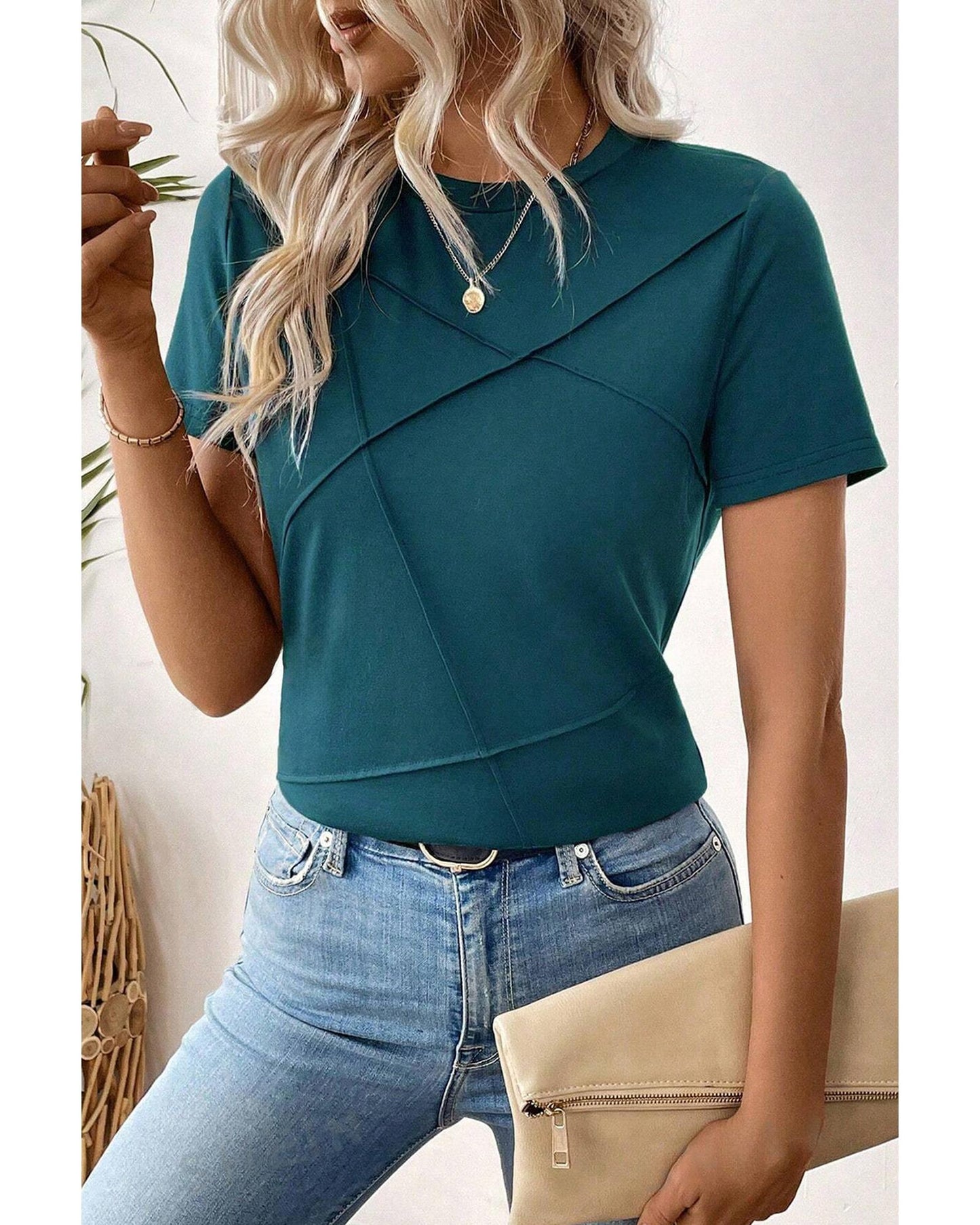 Blue Sapphire Solid Color Toothpick Stripe Round Neck T Shirt - L