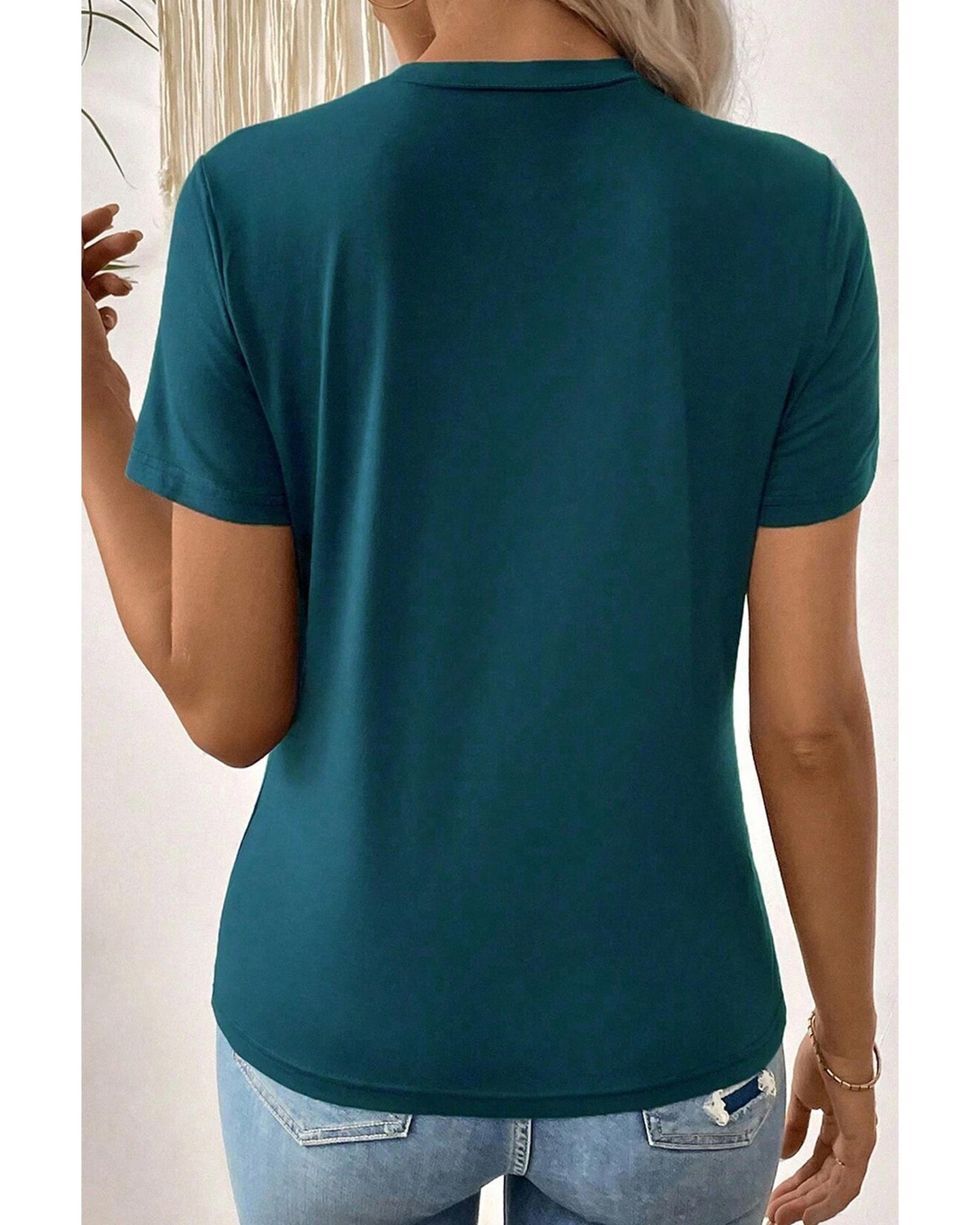 Blue Sapphire Solid Color Toothpick Stripe Round Neck T Shirt - L