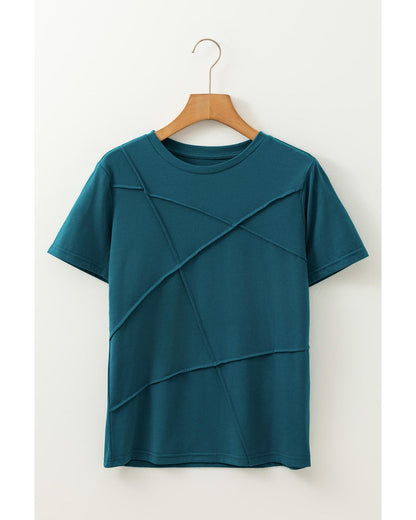 Blue Sapphire Solid Color Toothpick Stripe Round Neck T Shirt - L