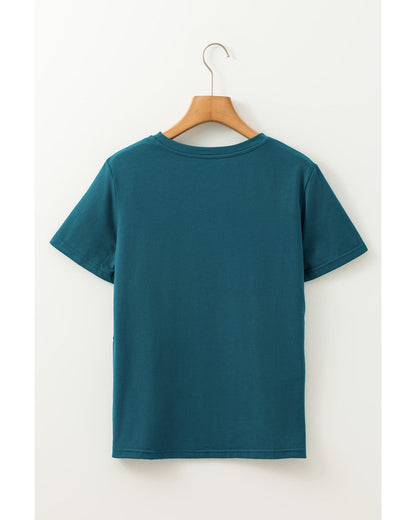Blue Sapphire Solid Color Toothpick Stripe Round Neck T Shirt - L