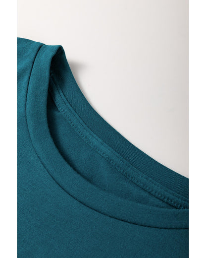 Blue Sapphire Solid Color Toothpick Stripe Round Neck T Shirt - L