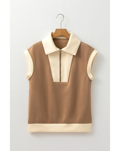 Simply Taupe Half Zipper Collared Colorblock Short Sleeve Top - S