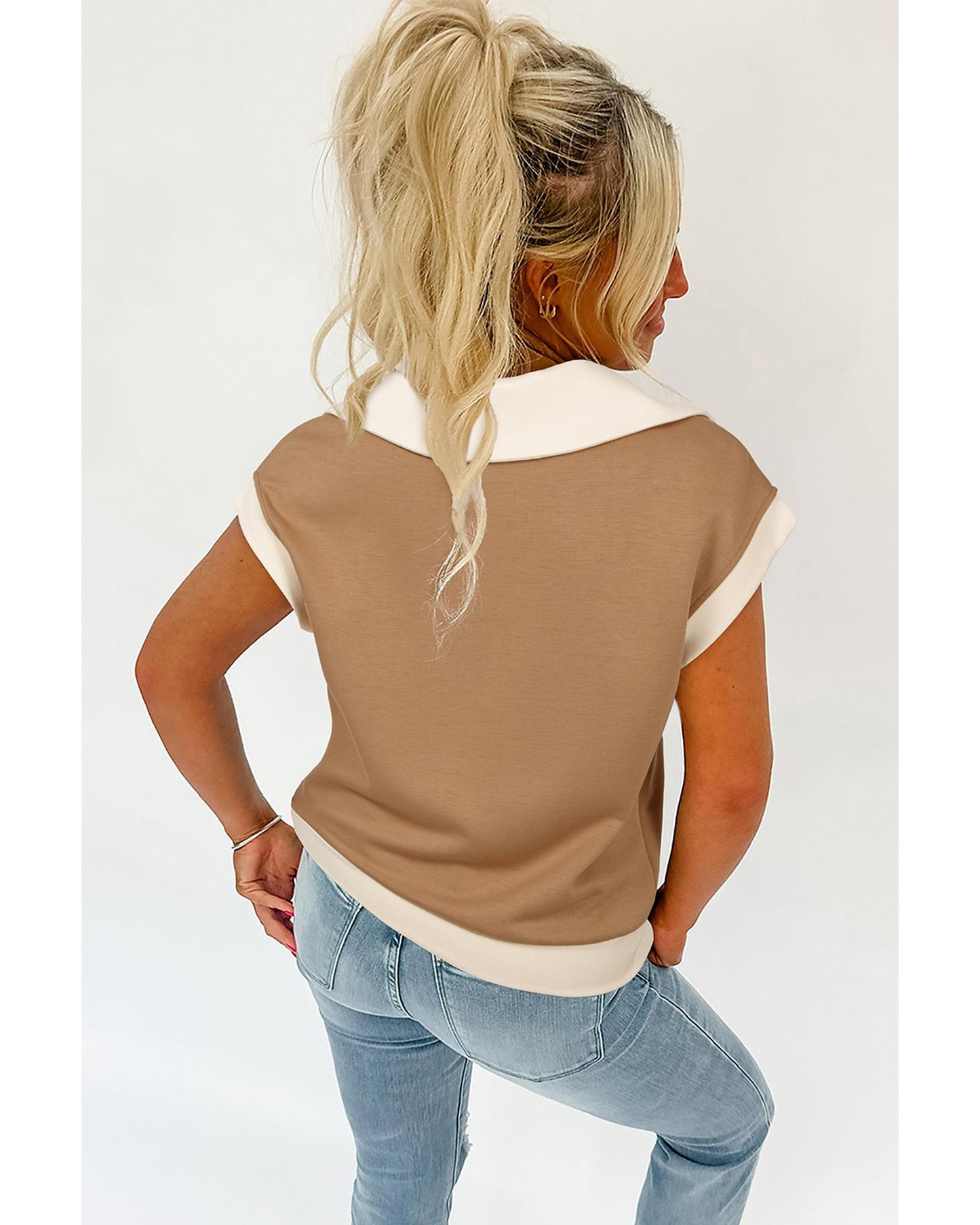 Simply Taupe Half Zipper Collared Colorblock Short Sleeve Top - S