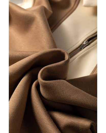 Simply Taupe Half Zipper Collared Colorblock Short Sleeve Top - S