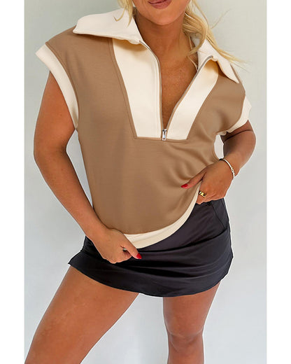 Simply Taupe Half Zipper Collared Colorblock Short Sleeve Top - S