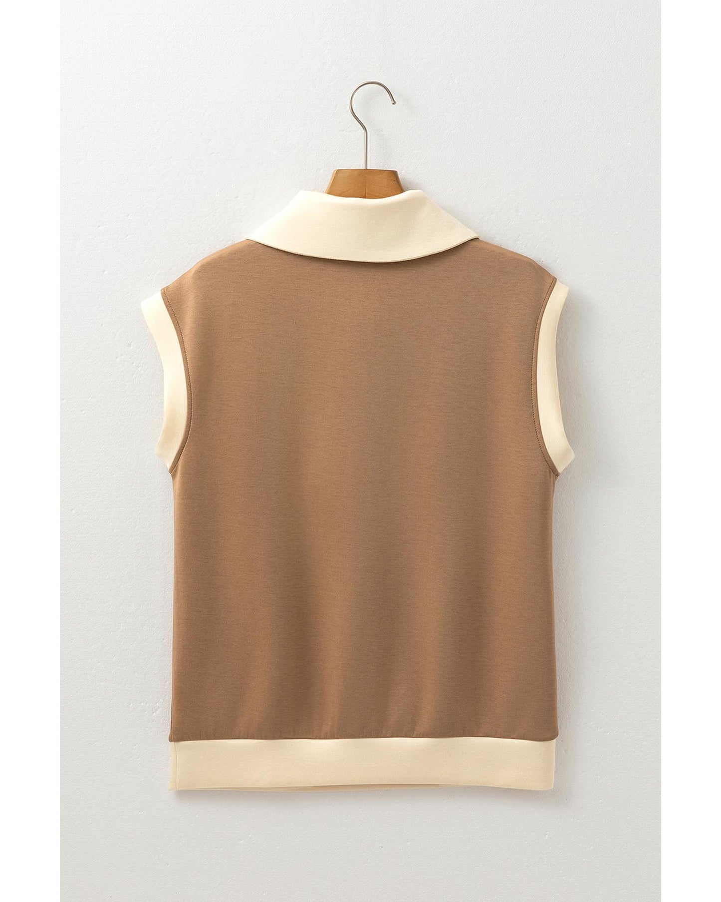 Simply Taupe Half Zipper Collared Colorblock Short Sleeve Top - S