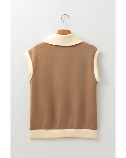 Simply Taupe Half Zipper Collared Colorblock Short Sleeve Top - S