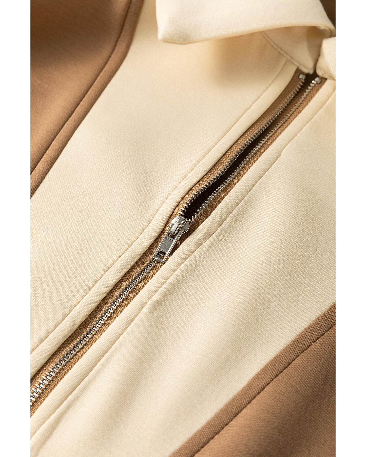 Simply Taupe Half Zipper Collared Colorblock Short Sleeve Top - S