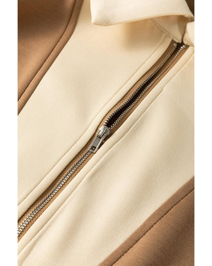 Simply Taupe Half Zipper Collared Colorblock Short Sleeve Top - S