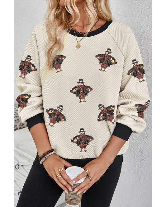 Jet Stream Textured Colorblock Edge Sequin Turkey Graphic Long Sleeve Top - L