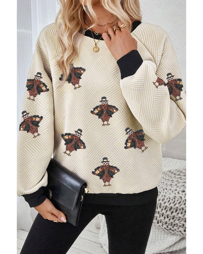 Jet Stream Textured Colorblock Edge Sequin Turkey Graphic Long Sleeve Top - L