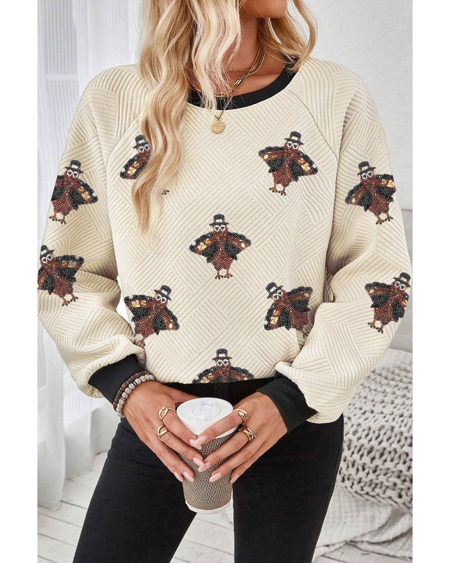 Jet Stream Textured Colorblock Edge Sequin Turkey Graphic Long Sleeve Top - L
