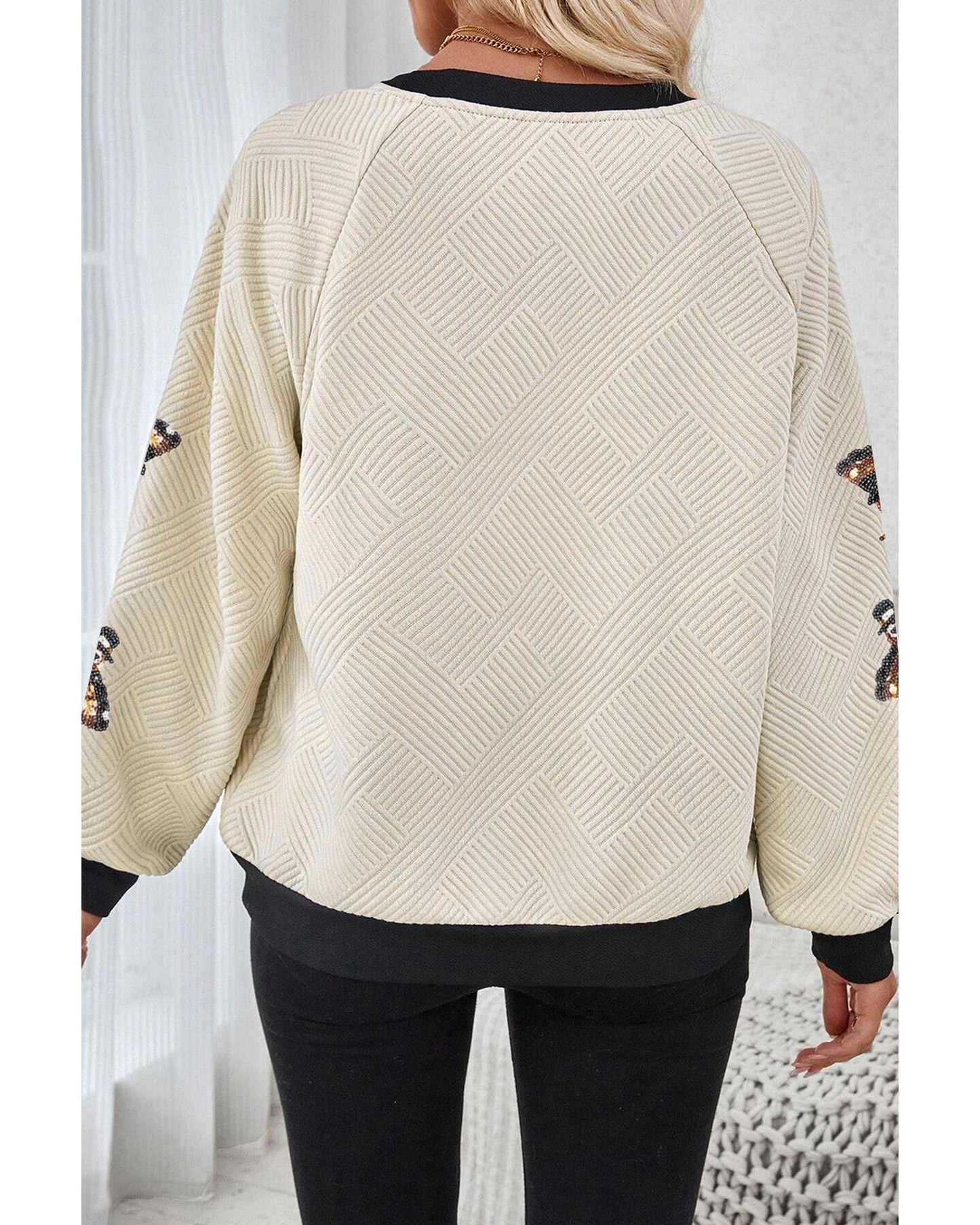 Jet Stream Textured Colorblock Edge Sequin Turkey Graphic Long Sleeve Top - L