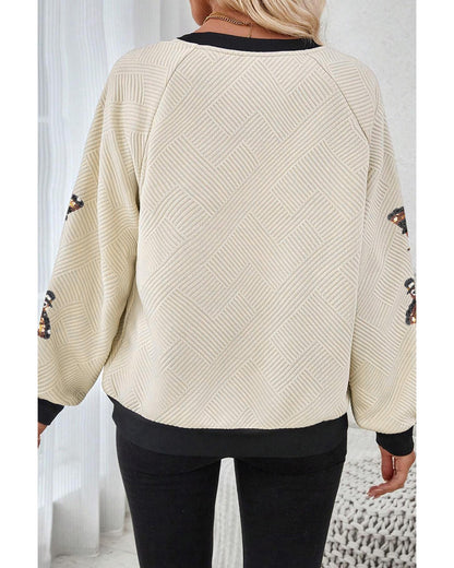 Jet Stream Textured Colorblock Edge Sequin Turkey Graphic Long Sleeve Top - L