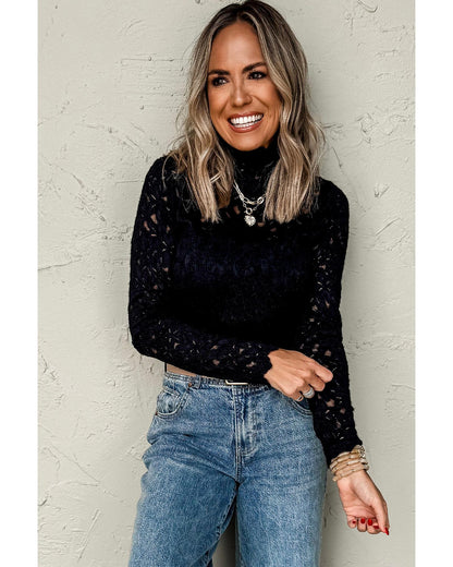 Black Flower Lace See Through Mock Neck Long Sleeve Top - L