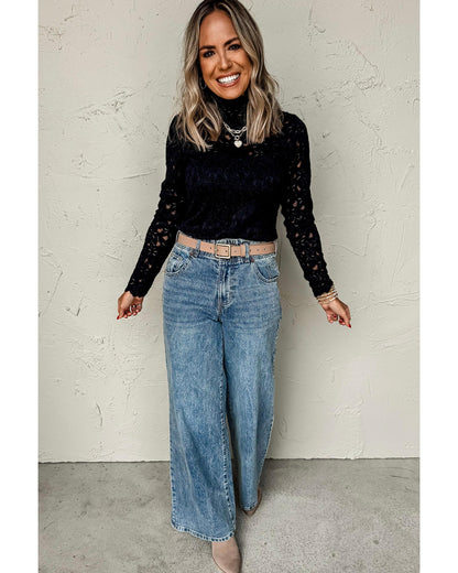 Black Flower Lace See Through Mock Neck Long Sleeve Top - L