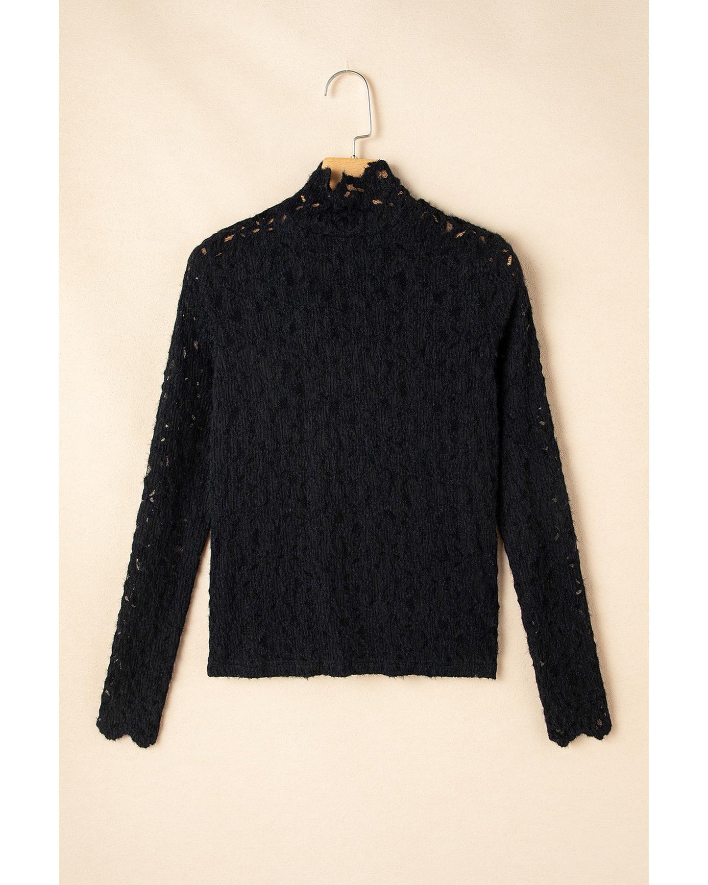 Black Flower Lace See Through Mock Neck Long Sleeve Top - L